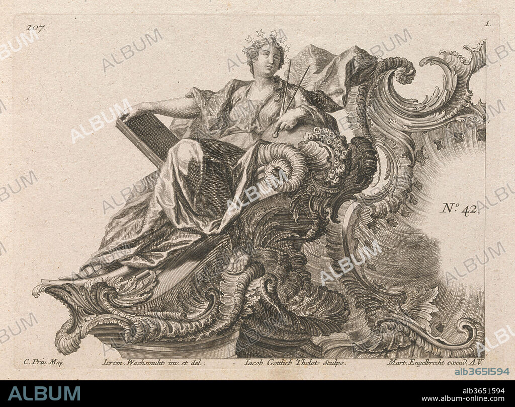 Design for a Rocaille Cartouche with the Figure of Prudentia, Plate 1 from an untitled series with architectural cartouches and allegorical figures. Artist: After Jeremias Wachsmuth (German, 1712-1771). Dimensions: Overall: 8 7/16 × 13 3/4 in. (21.5 × 35 cm). Engraver: Jacob Gottlieb Thelot (German, Augsburg 1708-1760 Augsburg). Publisher: Martin Engelbrecht (German, Augsburg 1684-1756 Augsburg). Date: Printed ca. 1750-56.
Ornament print with a design for the left half of a large cartouche with the personification of Prudentia, bound in an album containing 27 series with a total of 122 ornament prints from the fund of the prominent Augsburg publisher Martin Engelbrecht.