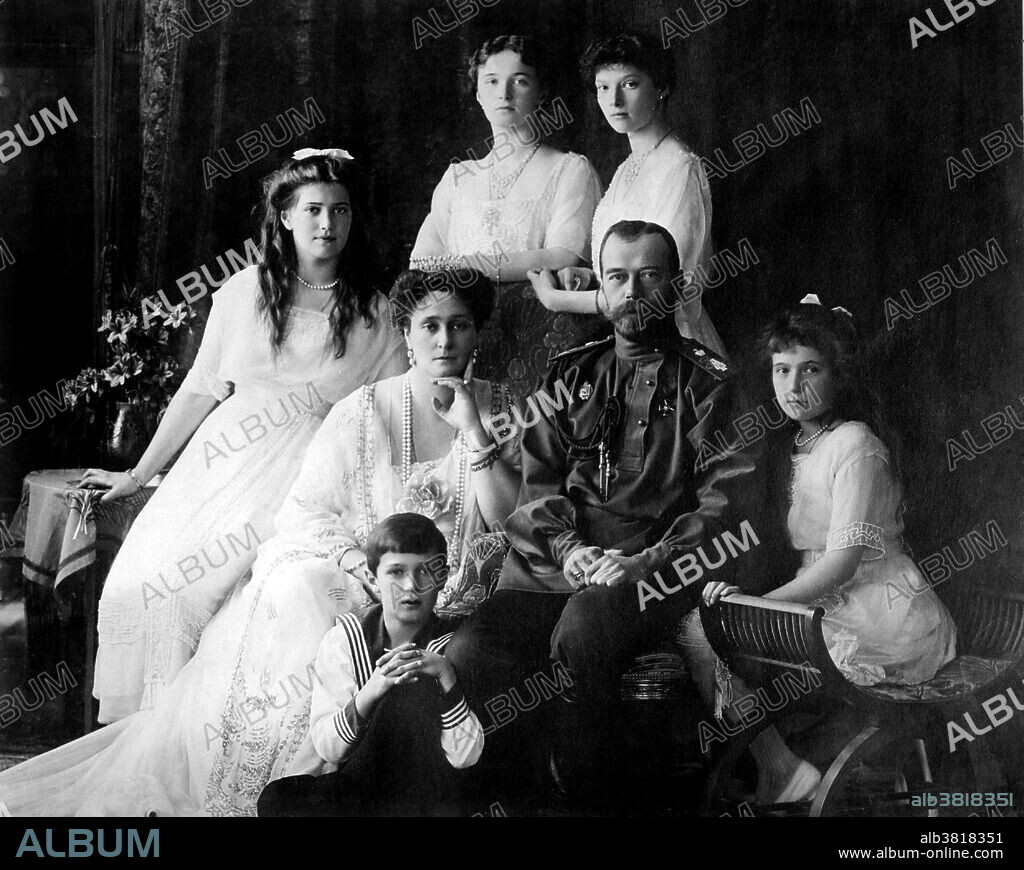 Portrait of Tsar Nicholas II and his family, from the series of pictures taken to mark the Romanov tercentenary in 1913. The pictures were produced by the Imperial family's favorite photographers, Boissonas & Eggler of St. Petersburg and sold as postcards, the money raised was donated to various charities. The Romanovs, the last royal family of Russia, in 1914: seated (left to right) Marie, Queen Alexandra, Czar Nicholas II, Anastasia, Alexei (front), and standing (left to right), Olga and Tatiana. Nicholas II (May 18, 1868 - July 17, 1918) was the last Emperor of Russia, Grand Duke of Finland, and titular King of Poland. His official short title was Nicholas II, Emperor and Autocrat of All the Russias and he is known as Saint Nicholas the Passion-Bearer by the Russian Orthodox Church. Nicholas II ruled from 1894 until his abdication on March 15, 1917. Alix of Hesse and by Rhine (June 6, 1872 - July 17, 1918), was Empress consort of Russia as spouse of Nicholas II, the last Emperor of the Russian Empire. Alexandra bore Nicholas four daughters, the Grand Duchess Olga in 1895, the Grand Duchess Tatiana in 1897, Grand Duchess Maria in 1899, and Grand Duchess Anastasia in 1901, before their son Alexei was born in 1904. As all of Nicholas and Alexandra's children perished with their parents in 1918.