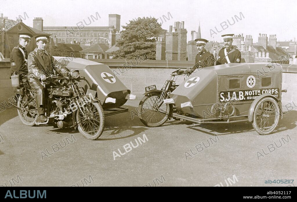 Campion Brothers motorcycle ambulances, Nottingham, Nottinghamshire, c1916. Possibly posed in the grounds of Nottingham Castle. Ambulances from the St John's Ambulance Brigade Nottingham Corps, head quarters at 5, Chapel Bar. The Corps Superintendent was AB Gibson. Campion was a bicycle manufacturer based in Nottingham. They moved into motorcycle production from 1912 until 1926.