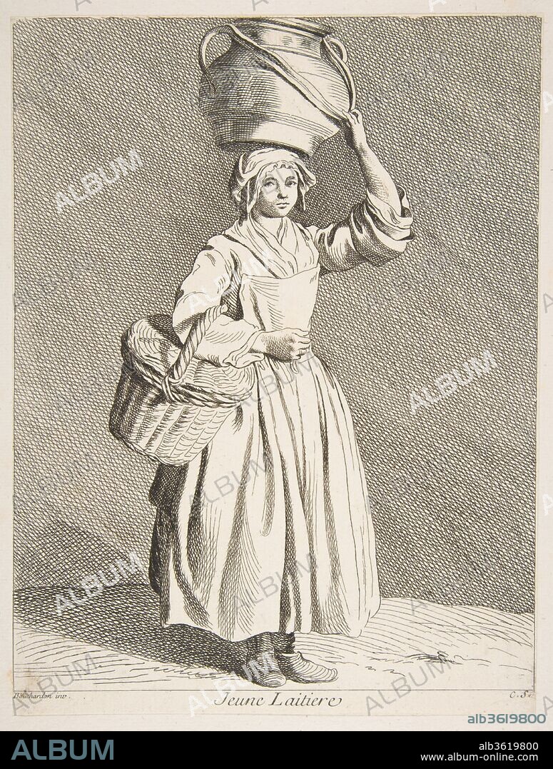 COMTE DE CAYLUS ANNE CLAUDE PHILIPPE DE TUBIèRES and AFTER EDME BOUCHARDON. Young Milkmaid. Artist: Anne Claude Philippe de Tubières, comte de Caylus (French, Paris 1692-1765 Paris); After Edme Bouchardon (French, Chaumont 1698-1762 Paris). Dimensions: Sheet: 9 5/16 in. × 7 in. (23.7 × 17.8 cm)
Image: 9 x 6 15/16 in. (22.8 x 17.6 cm). Publisher: François Joullain (French, Paris 1697-1778 Paris). Series/Portfolio: Cries of Paris: Second Set
(Études Prises dans le Bas Peuple où les Cris de Paris: Deuxième Suite). Date: 1737.