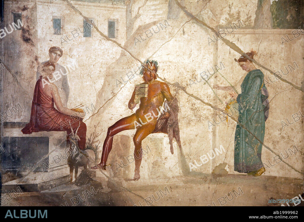 Italy, Naples, Naples Museum, from Pompeii, House of Fatal Love  (IX, 5,8), Pan and the nymphs. Majestic atmosphere and the presence of a landscape in which the human and animal figures take their place with great naturalness.