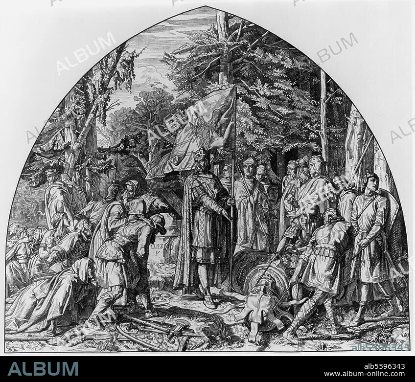 Charlemagne, King of the Franks (768-814), Holy Roman emperor; 742 - 814. "Destruction of the Irminsul at Paderborn" (772). Woodcut, 1871, after fresco, 1848, by Alfred Rethel (1816-1859) in the Kaisersaal of the town hall in Paderborn. Berlin, Sammlung Archiv für Kunst und Geschichte.