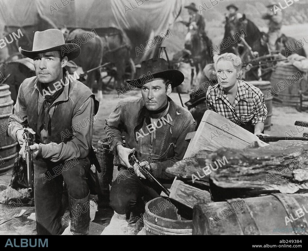 ERROL FLYNN, MIRIAM HOPKINS and RANDOLPH SCOTT in VIRGINIA CITY, 1940, directed by MICHAEL CURTIZ. Copyright WARNER BROS/FIRST NATIONAL.