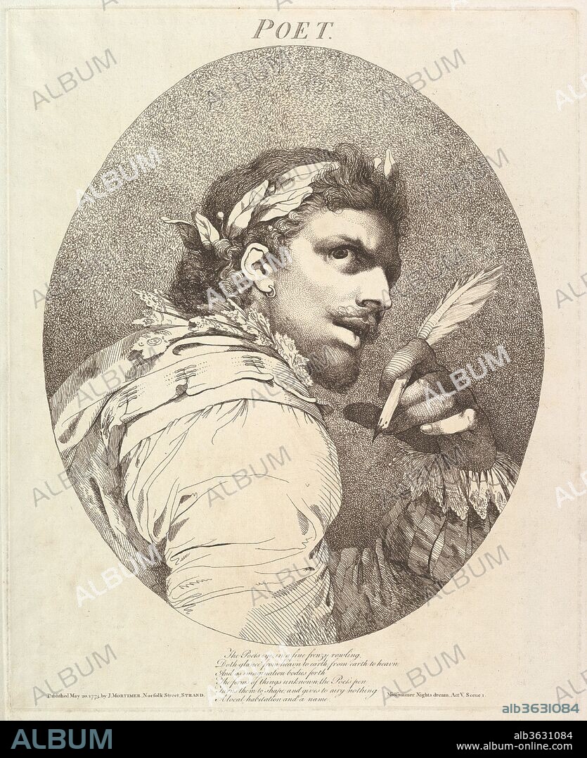 Poet (Twelve Characters from Shakespeare). Artist and engraver: Etched and published by John Hamilton Mortimer (British, Eastbourne 1740-1779 London). Dimensions: Plate: 15 11/16 x 12 11/16 in. (39.9 x 32.2 cm)
Sheet (edges folded under): 21 5/16 x 13 11/16 in. (54.2 x 34.8 cm). Subject: William Shakespeare (British, Stratford-upon-Avon 1564-1616 Stratford-upon-Avon). Date: May 20, 1775.
Mortimer admired Salvator Rosa, absorbed aspects of his dramatic style, and sought British equivalents for his subjects. This etching comes from a series that Mortimer devoted to leading Shakespearean characters, based on drawings exhibited at the Society of Artists in 1775. Merging the seventeenth-century genres of the character head and tête d'expression (expressive head), Mortimer's designs also incorporate elements of history painting to convey the Bard's inventive range. Here he represents a poet described by Duke Theseus in "A Midsummer Night's Dream," using the image to suggest that artistic creativity bridges nature and the divine: 
"The Poet's eye, in a fine frenzy rowling,
Doth glance from heav'n to earth, from earth to heav'n,
And as imagination bodies forth
The forms of things unknown, the Poet's pen
Turns them to shape, and gives to airy nothing
A local habitation and a name."
(A Midsummer Night's Dream, act 5, scene 1).