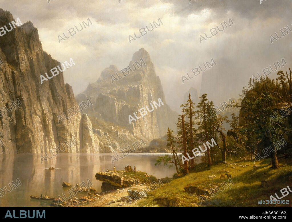 Merced River, Yosemite Valley. Artist: Albert Bierstadt (American, Solingen 1830-1902 New York). Dimensions: 36 x 50 in. (91.4 x 127 cm). Date: 1866.
On May 12, 1863, in the company of the journalist and explorer Fitz Hugh Ludlow, Bierstadt departed on his second trip to the West. The two men camped in California's Yosemite Valley in August, probably inspired in their choice of destination by the stereoscopic photographs of Carleton E. Watkins, who had recorded the valley's magnificent scenery under various atmospheric conditions. From the many studies Bierstadt made during the trip, he painted several large works back in New York. In this canvas, as in many by him, monumental, jagged peaks dwarf the figures seen in the flat, carefully detailed foreground.