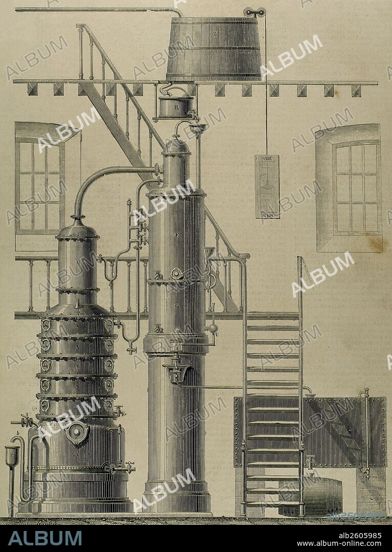 APARATO EGROT para destilación de aguardientes. Alambique para destilar de acción continua. "Medalla de oro" en la Exposición Universal de París de 1878. Grabado por Victor Rose. "La Ilustración Española y Americana", año 1897.