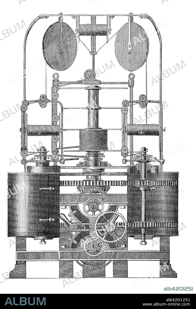 Broomans machine, for the production of ropes and ropes, rope-turning machine, industrial product from the year 1880, digital improved reproduction of a woodcut from the year 1880.