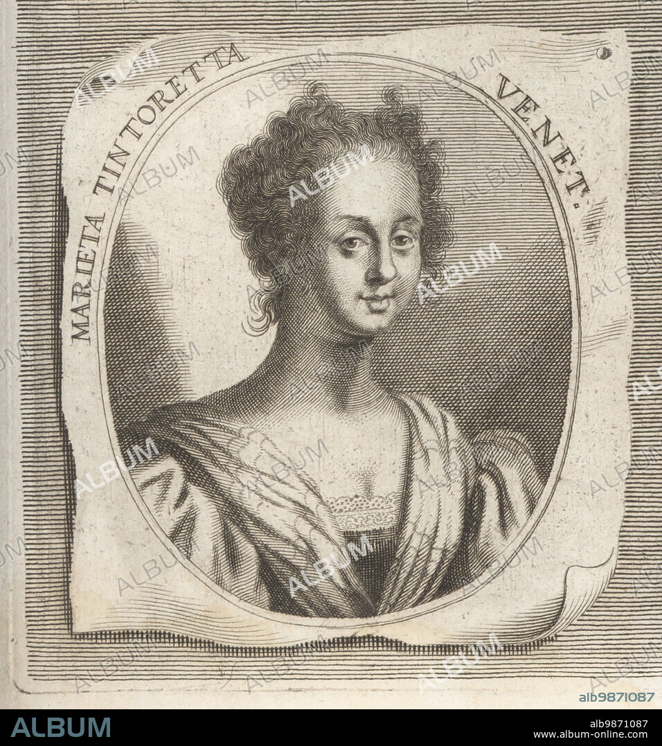 Tintoretta, born Marietta Robusti, Venetian painter of the Renaissance, daughter of Tintoretto, 1560-1590. Marieta Tintoretta Venet. Copperplate engraving after an illustration by Joachim von Sandrart from his LAcademia Todesca, della Architectura, Scultura & Pittura, oder Teutsche Academie, der Edlen Bau- Bild- und Mahlerey-Kunste, German Academy of Architecture, Sculpture and Painting, Jacob von Sandrart, Nuremberg, 1675.