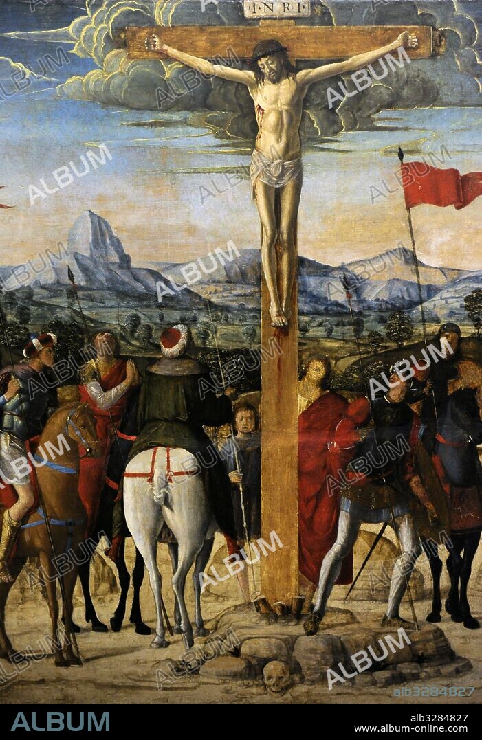 Pintor desconocido de Verona, activo el último cuarto del siglo XV. Crucifixión. 1490-93. Oleo sobre tabla. Renacimiento. Museo de Capodimonte, Nápoles. Italia. Detalle.