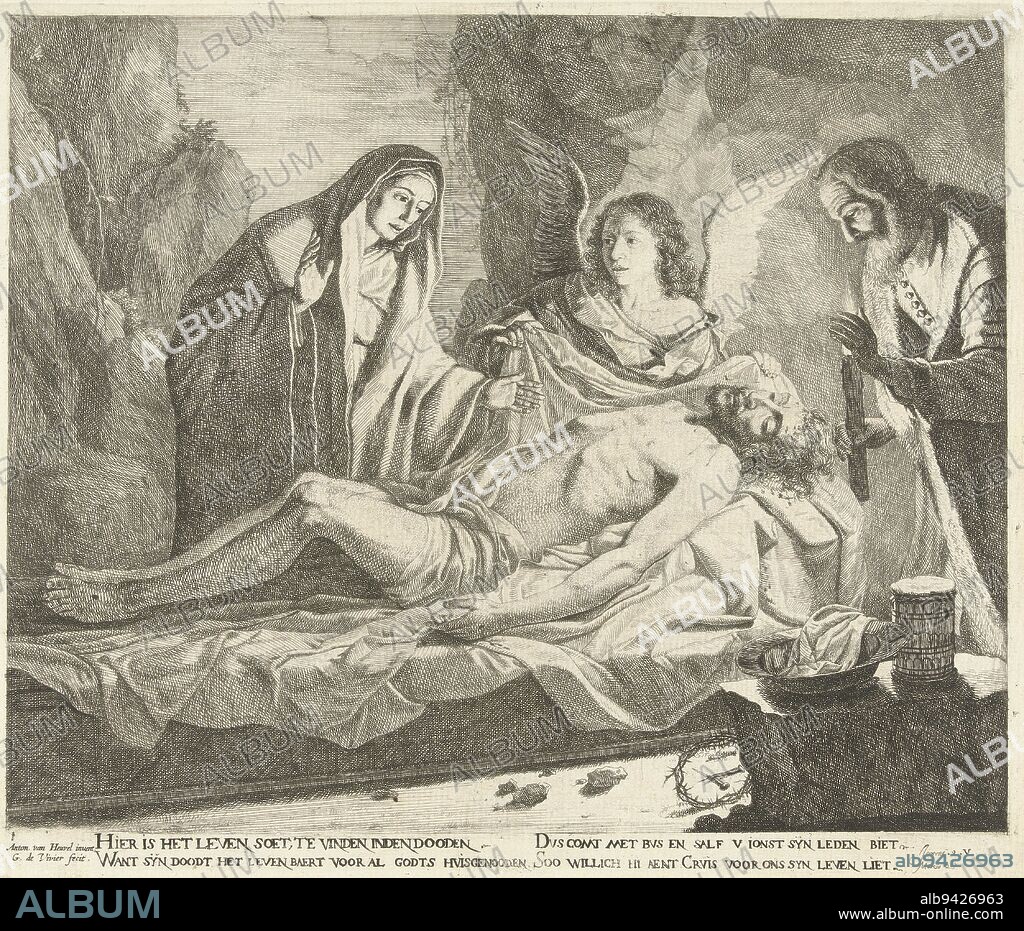The body of the dead Christ lies on a bier. An angel holds the shroud. Mary stands beside it. Joseph of Arimathea lights with a candle. On the floor of the cave lie the crown of thorns and nails. Below the scene two Bible verses, Entombment of Christ., print maker: Guillaume Duvivier, (mentioned on object), Antoine van den Heuvel, (mentioned on object), Southern Netherlands, c. 1660 - c. 1670, paper, etching, h 262 mm × w 310 mm.