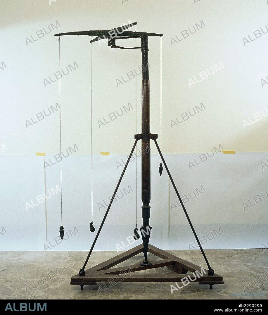 Reconstruction of a Roman groma (surveying instrument) in wood and bronze, 186x110 cm. Roman civilisation.