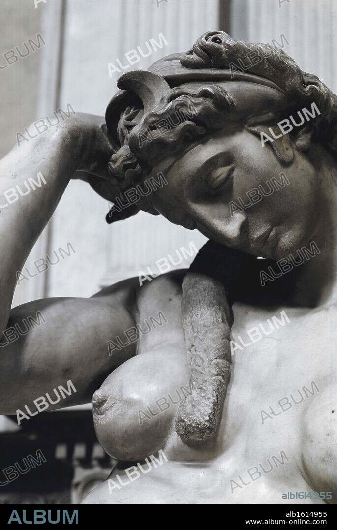 Night, The (Detail), C.1520-36, Buonarroti, Michelangelo (1475-1564/Italian), MARBLE SCULPTURE, Medici Chapel, Florence, Italy.