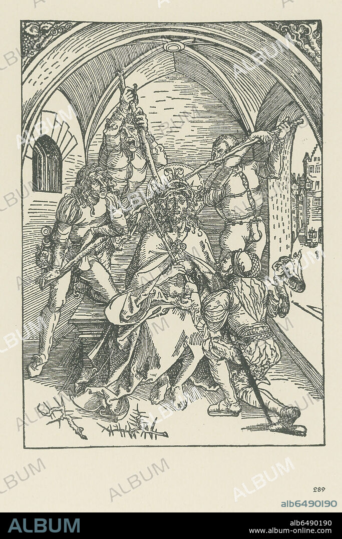 ALBERTO DURERO. The Crowning with Thorns. (Albertina Passion). Around 1500. 
Woodcut, 246 x 173mm.