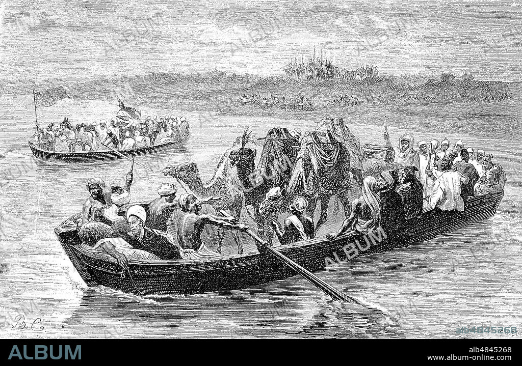 ferry on the river sebu in morocco. Fähre auf dem Sebu in Marokko, digital improved reproduction of an original print from the year 1881.