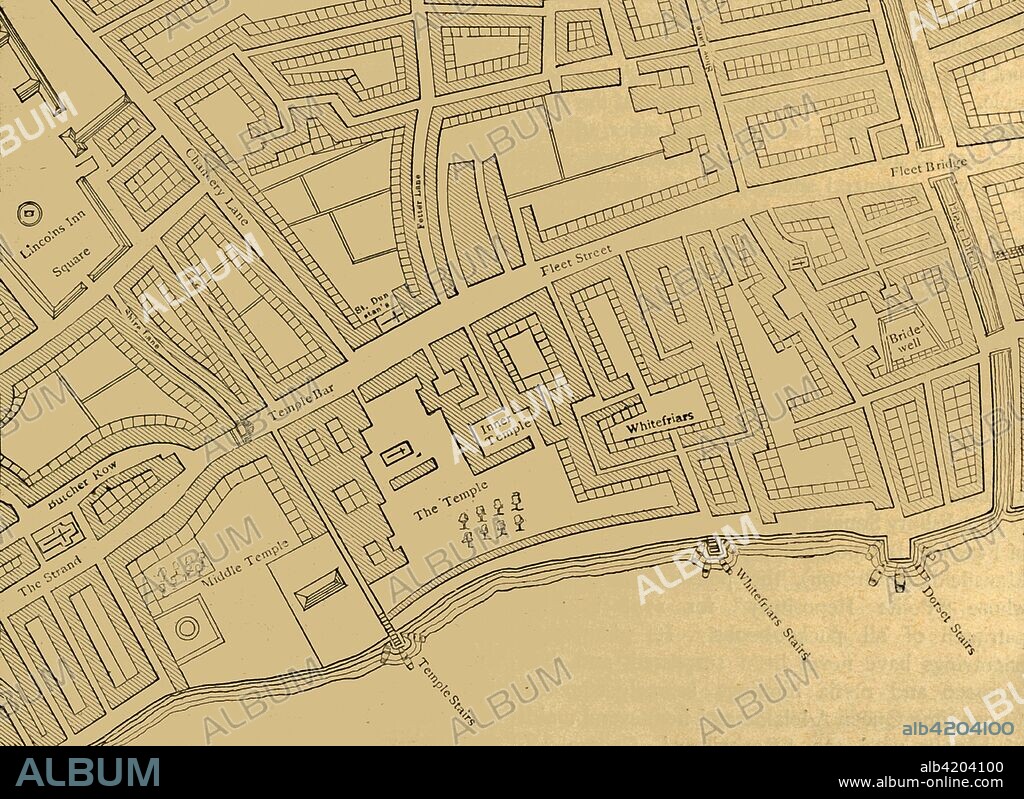'Fleet Street, The Temple, Etc., From a Map of London, Published 1720', (1897). Map showing the Inns of Court at Temple and Lincoln's Inn, Whitefriars, the River Fleet, Bridewell, and stairs down to the River Thames. From Old and New London, Volume I, by Walter Thornbury. [Cassell and Company, Limited, London, Paris & Melbourne, 1897].