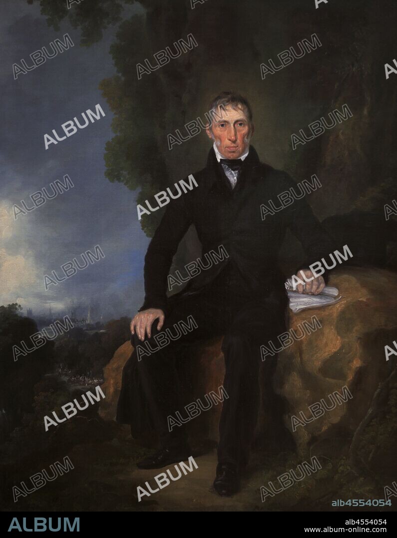 John Loudon McAdam (1756-1836). Scottish civil engineer and road-builder. He invented a road surface using a technique of draining and laying down roads made of succesive layers of small broken stones, which were compacted by traffic. In the background of the painting workmen laying down a road. Anonymous portrait. Oil on canvas, c. 1830. National Portrait Gallery. London, England, United Kingdom.