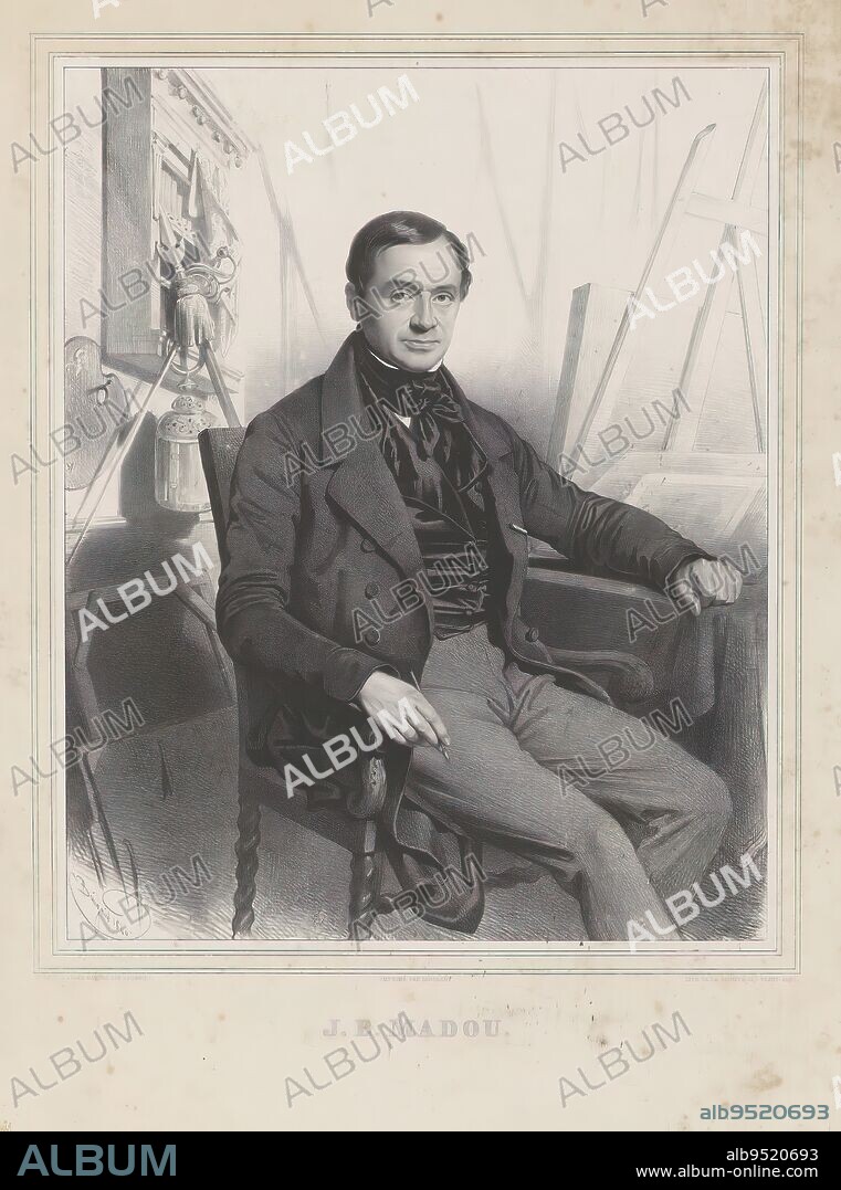 Portrait of Jean Baptiste Madou, Portrait of the artist Jean Baptiste Madou, seated behind his work table. In the background a wall cabinet with antique weapons, a lamp and a painter's palette. Below, a portfolio and a canvas., print maker: Charles Baugniet, (mentioned on object), printer: P. Degobert, (mentioned on object), publisher: Société des Beaux-Arts, (mentioned on object), Brussels, 1840, Material, height 428 mm × width 590 mm.