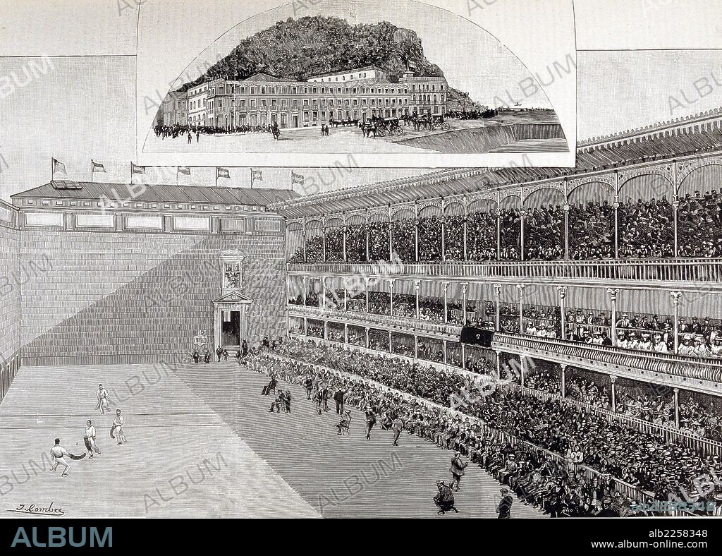 SAN SEBASTIAN. INTERIOR DEL FRONTON BETI - JAI. DIBUJO DE COMBA. GRABADO DE LA ILUSTRACION ESPAÑOLA Y AMERICANA , 1892.