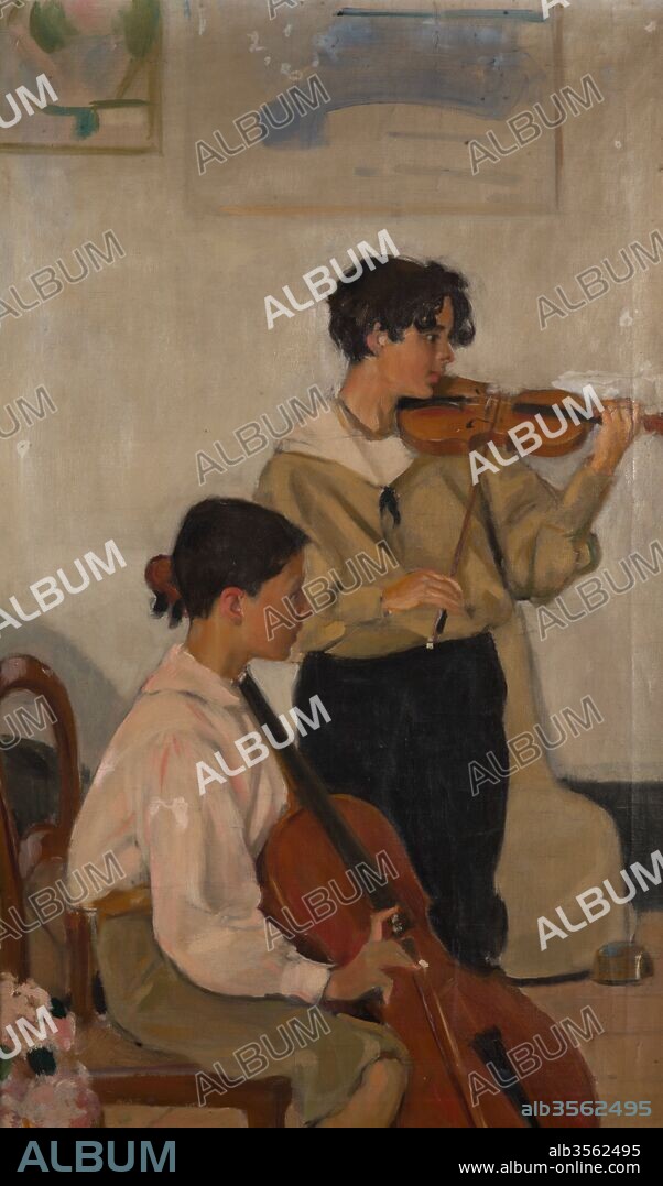 RAMON PICHOT. Ramón Pichot y Gironés / "Ricard i Lluís Pichot, assajant" (Ricard i Lluis Pichot, rehearsing), 20th century, Painting.