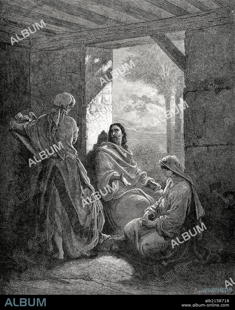NUEVO TESTAMENTO. JESUS. "Jesús en casa de Marta y María". Dibujo de G. Doré. Grabado de Pannemaker. Evangelio de San Lucas, Cap. X. Versículos 38-42.