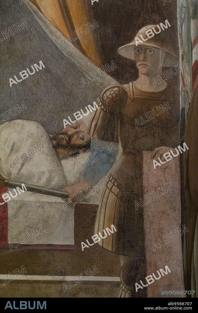 "The Dream of Constantine", detail of "The Stories of the True Cross, fresco by Piero della Francesca (1452-1466). Detail.. The night before the decisive battle with Maxentius, an angel brings Constantine - who is surrounded by guards and asleep and dreaming in his military tent - a tiny cross and pronounces the words 'In hoc signo vinces' (with this sign you will win).