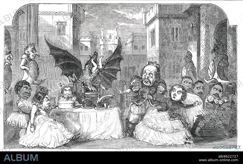 Scene from the Pantomime of "Harlequin and the Dragon of Wantley", at Sadler's Wells Theatre, [London], 1850. '...the voracious Dragon gobbles up a child just as the Baron of Wantley is sitting down to his family dinner. After satisfying the immediate cravings of his inordinate appetite with the best of the Baron's viands, he finishes with carrying off the Baron's daughter, whom, as a delicate morsel, he reserves for a future repast. In this intention, however, the Dragon is disappointed; for Moore of Moore-hall, being in love with the young lady, pursues the spoiler, and, in a pugilistic encounter, gives him a blow that proves a complete "settler." Then, of course, as nothing else remains to be done, everybody is transformed, and the usual pantomimic tricks and bustle ensue. This is a scene of genuine Pantomime: the grotesqueness of the masks is as legitimate as any five-act play.' From "Illustrated London News", 1850.