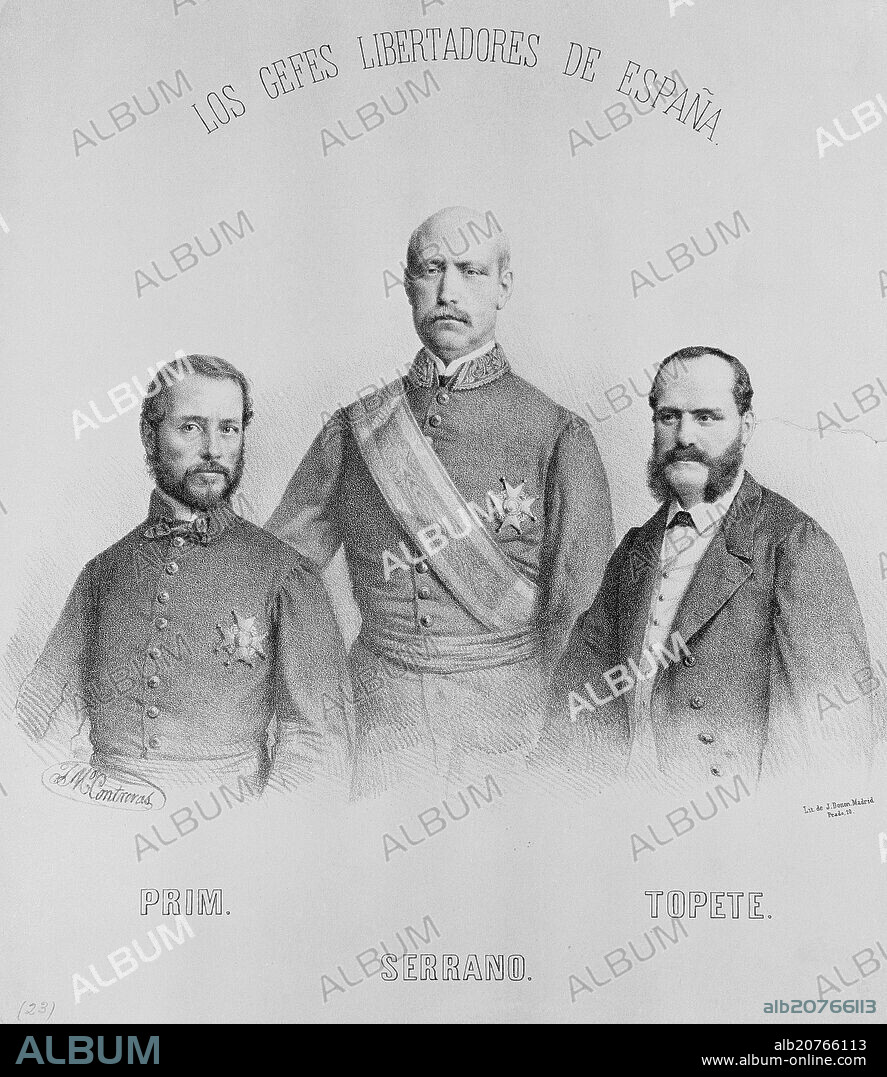 LOS JEFES LIBERTADORES DE ESPAÑA PRIM SERRANO Y TOPETE - LITOGRAFIA S XIX.