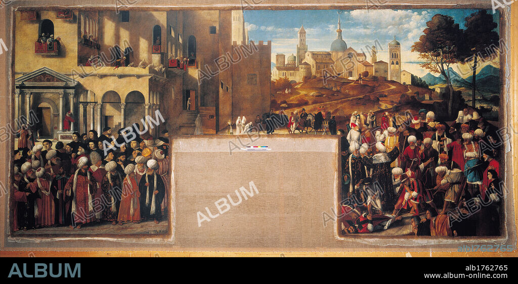 Martyrdom of St Mark, by Vittore Belliniano, Giovanni Bellini, 1515-1526, 16th Century, canvas, cm 362 x 771. Italy, Veneto, Venice, Accademia Art Galleries. All. Canvas martyrdom saint martyr St Mark urban setting palace building porch portico onlookers bystanders cloaks mantles turbans basilica church. Authorization required for non editorial use.
