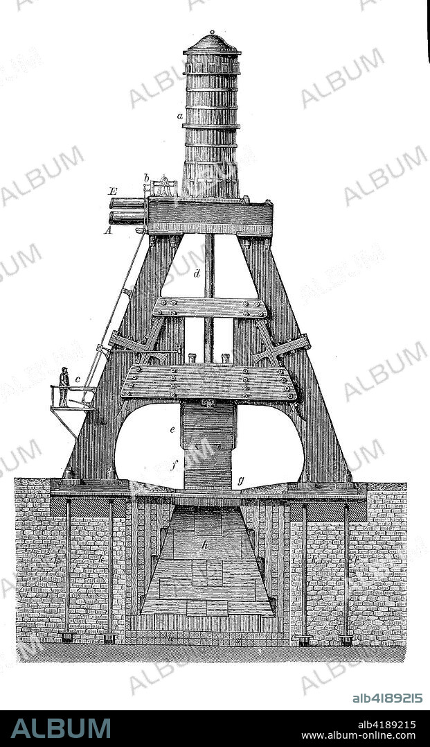 single-frame steam hammer of Schneider & Co at Creusot, 19th century, digital improved reproduction of an original print from the 19th century.