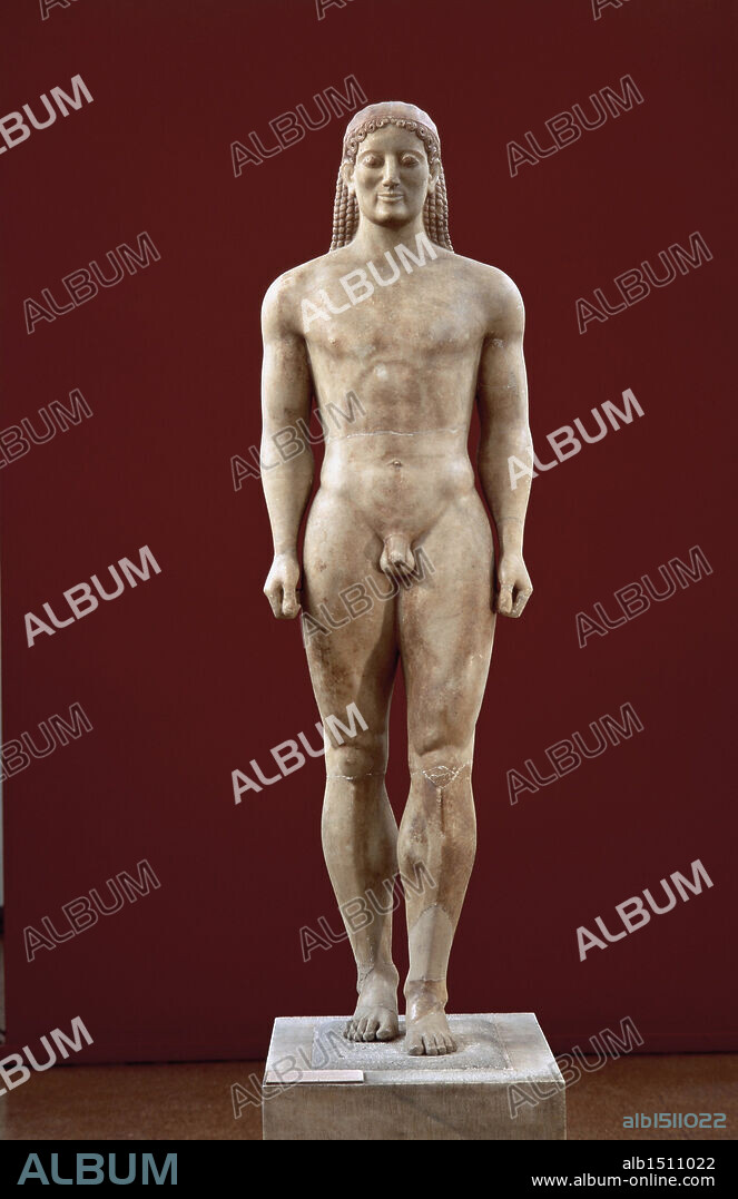 Greek civilization, 6th century b.C. Kouros, funerary statue of Kroisos, marble, from Anavyssos (Attica).
