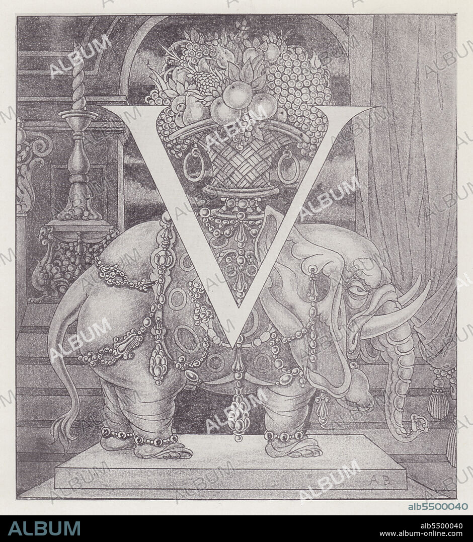 AUBREY BEARDSLEY. Initial Letter V (Elephant) to Volpone, 1898. Illustration for an edition of Ben Jonson's eponymous comedy play, published by Leonard Smithers. This and four others were the only ones of twenty-four contemplated drawings that Beardsley managed to complete before he died of consumption aged 25. From "The Best of Beardsley" edited by R. A. Walker, [The Bodley Head, London, 1948].