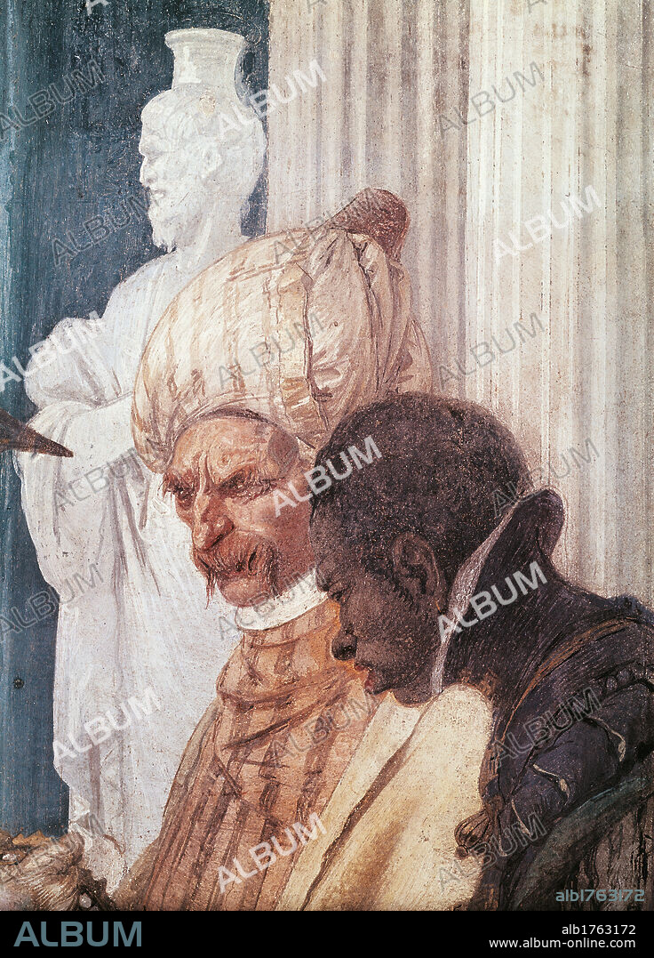 The Banquet of Cleopatra, by Giambattista Tiepolo, 1746-1750 about, 18th Century, fresco,. Italy, Veneto, Venice, Palazzo Labia, dancehall. Detail. Faces moor men turban black man statue.
