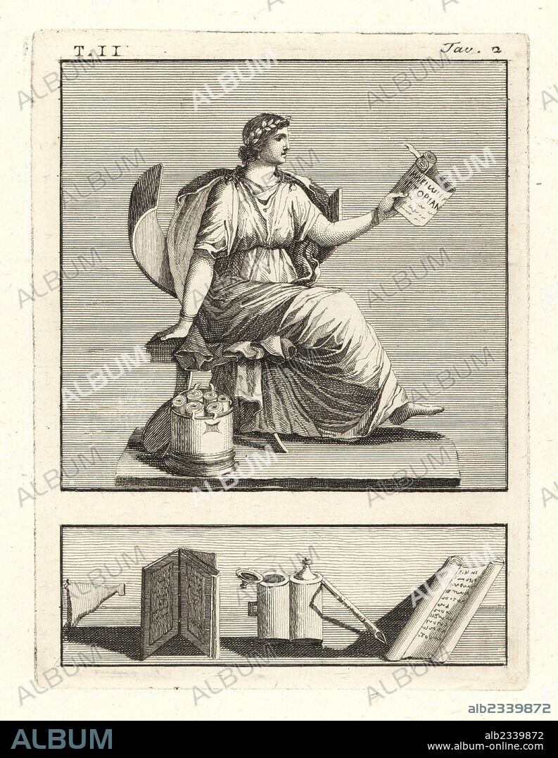 Clio, Roman muse of history, reading a scroll. She wears a laurel wreath, sits on a chair above a Cassettino Cilindrico (cylindrical barrel) of scrolls labeled with Cartella (tag to indicate title or author). Copperplate engraving by Tommaso Piroli from his Antiquities of Herculaneum (Antichita di Ercolano), Rome, 1789.