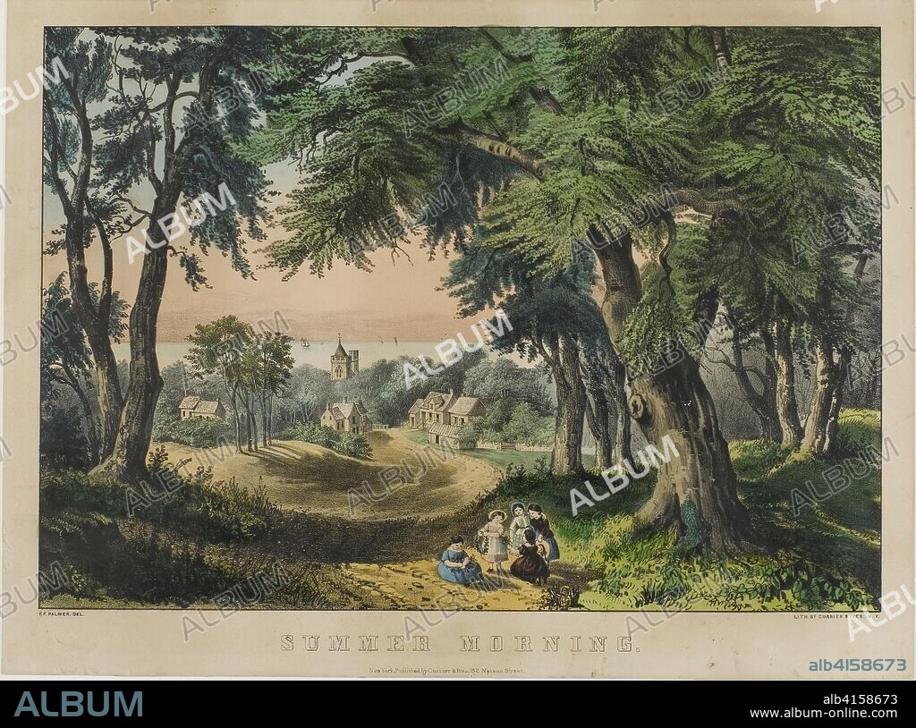 FANNY F. PALMER. Summer Morning. Frances Palmer (American, born England, 1812-1876); published by Currier & Ives (American, 1824-1895). Date: 1862. Dimensions: 261 x 375 mm (image); 303 x 406 mm (sheet). Color lithograph, heightened by gum arabic, on thick buff wove paper. Origin: United States.