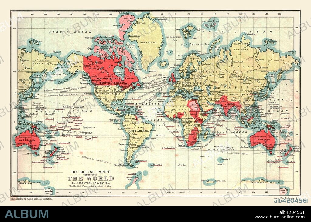 World Map showing the British Empire, 1902. British possessions coloured red. From The Century Atlas of the World. [John Walker & Co, Ltd., London, 1902].