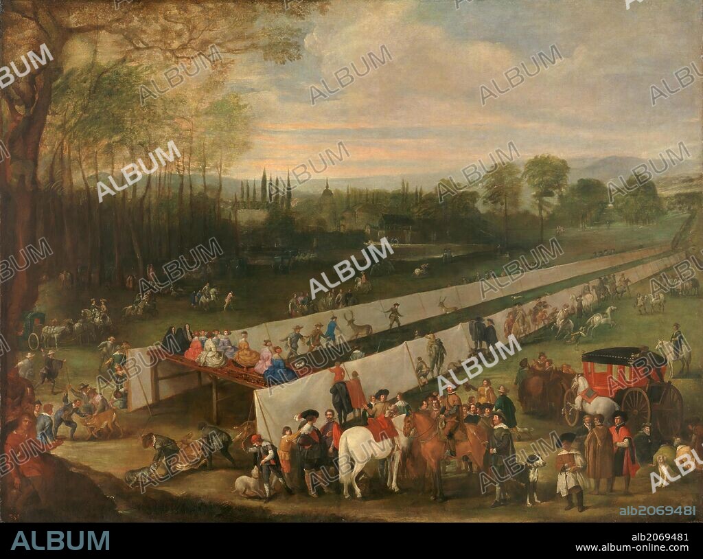 JUAN BAUTISTA MARTÍNEZ DEL MAZO. Juan Bautista Martínez del Mazo / 'Stag Hunt at Aranjuez', ca.  1640, Spanish School, Canvas, 187 cm x 249 cm, P02571.