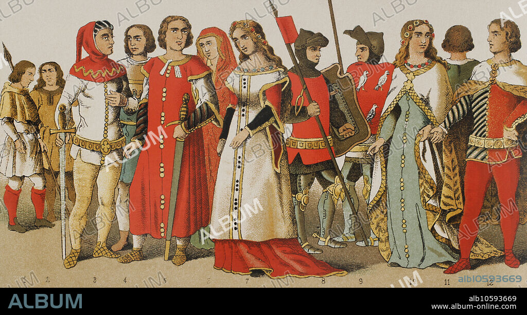 Historia de España. 1300. De izquierda a derecha, 1-2: cazadores, 3-4-5: nobles, 6-7: damas nobles, 8-9: guerreros, 10: dama noble, 11-12: nobles. Cromolitografía. "Historia Universal", por César Cantú. Tomo VI, 1885.