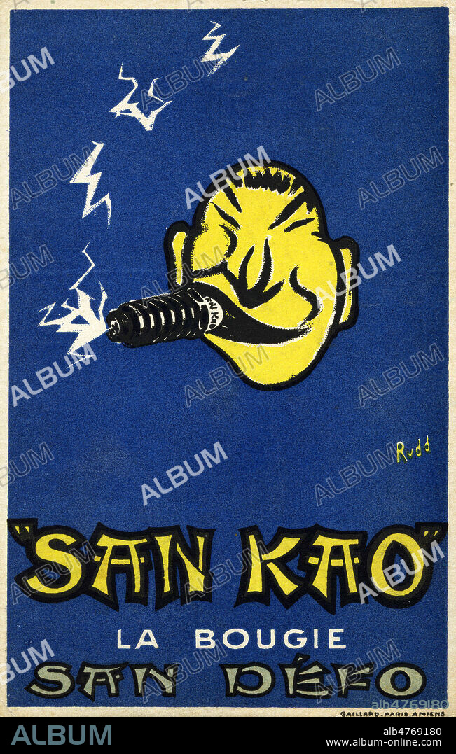 'San Kao, la bougie san defo'. Carte postale publicitaire vers 1925. Illustration par RUDD. Credit : Collection IM/KHARBINE-TAPABOR.