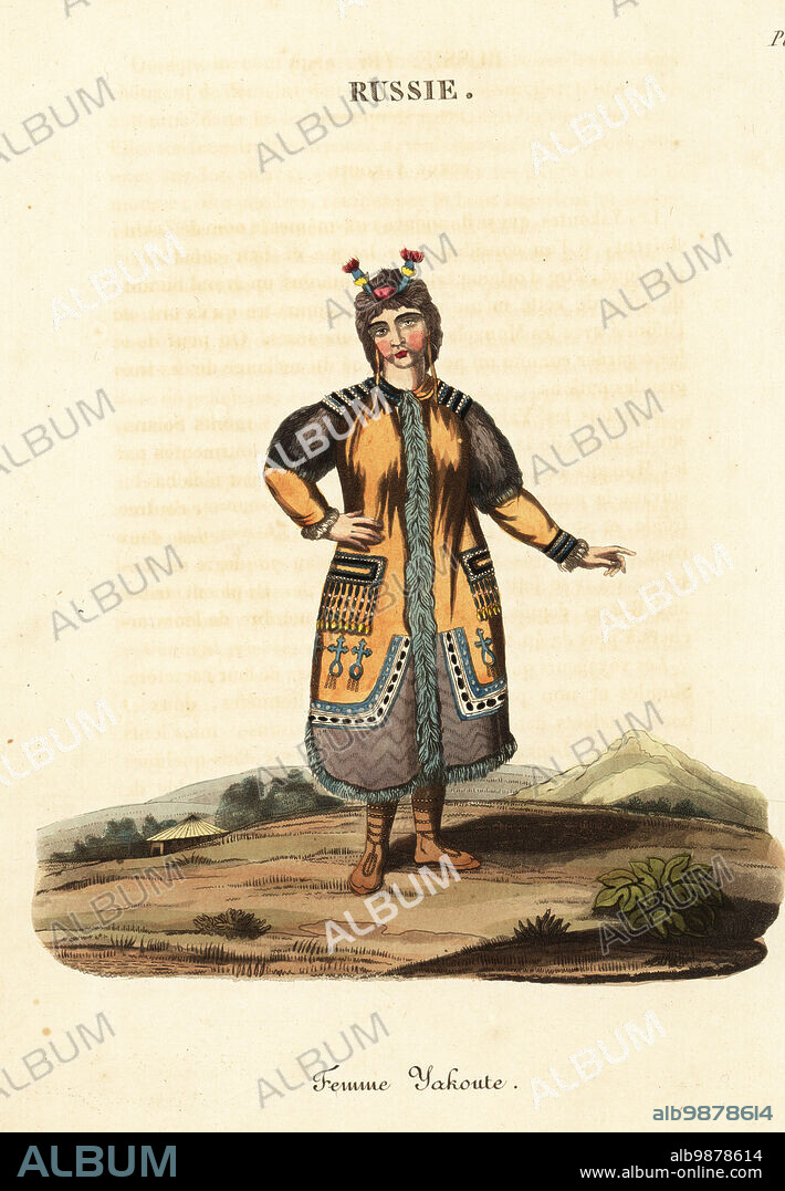 Married woman of the Yakut or Sakha people, 18th century. She wears a curious hair ornament, long earrings, and animal-skin vest decorated with beads and fringes. Female Yakouti, Femme Yakoute. Handcoloured copperplate engraving after an illustration by William Alexander from J-B. Eyries La Russie: Costumes, Moeurs et Usages des Russes, Russia: Costumes, Manners and Mores of the Russians, Librairie de Gide Fils, Paris, 1823. Jean-Baptiste Eyries (1767-1846) was a French geographer, author and translator.