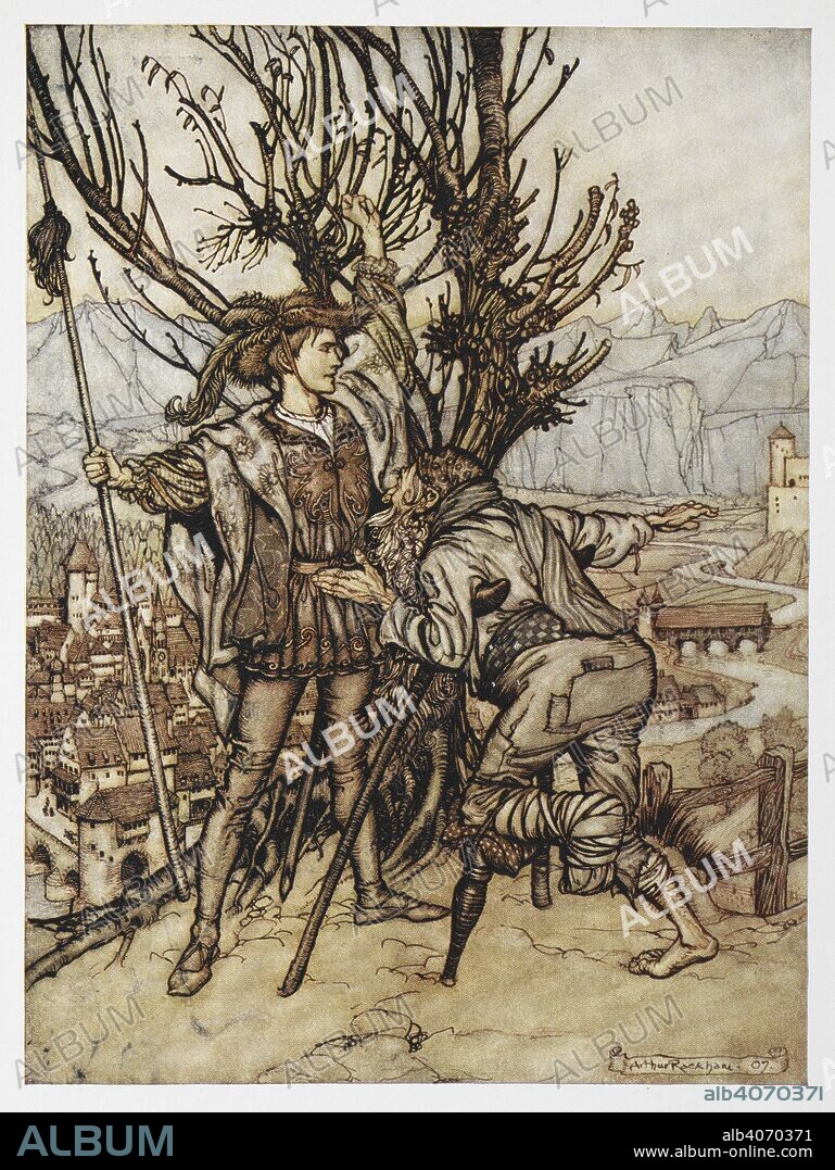 ARTHUR RACKHAM and GEBRUEDER GRIMM. The Prince from Briar Rose (Sleeping Beauty). Grimm's Fairy Tales. Illustrated by Arthur Rackham. London : William Heinemann, [1925]. 'The young Prince said, "I am not afraid; I am determined to go and look upon the lovely Briar Rose."'. Source: 12410.r.7. facing page 36.