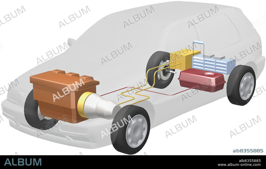 Car powered by an internal combustion engine and an electric motor, reducing gasoline consumption and polluting emissions.