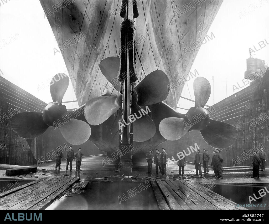 Vintage maritime history photo of the RMS Titanic’s propellers as the mighty ship sits in dry dock.