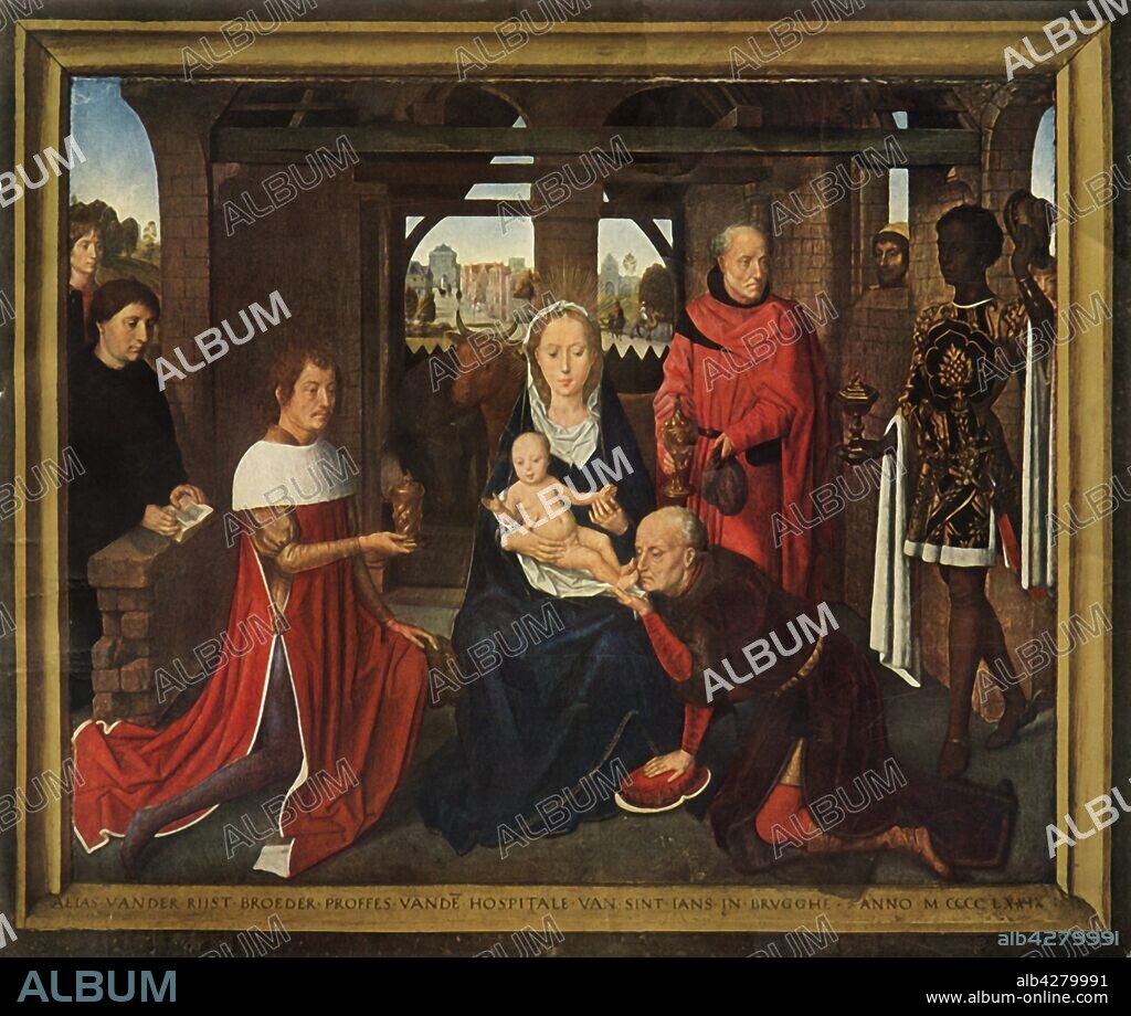 HANS MEMLING. 'Central panel from triptych the 'Adoration of the Magi', 1479-1480. Subject of the Nativity in which the Magi present gifts to Jesus. Oil on panel.