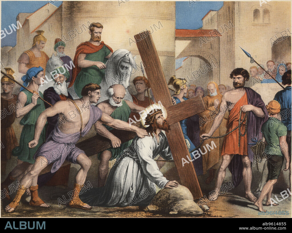 Via Crucis. Third station. Jesus falls the first time. Drawing by Pascual. Barsal Editions, Barcelona, 1920s.
