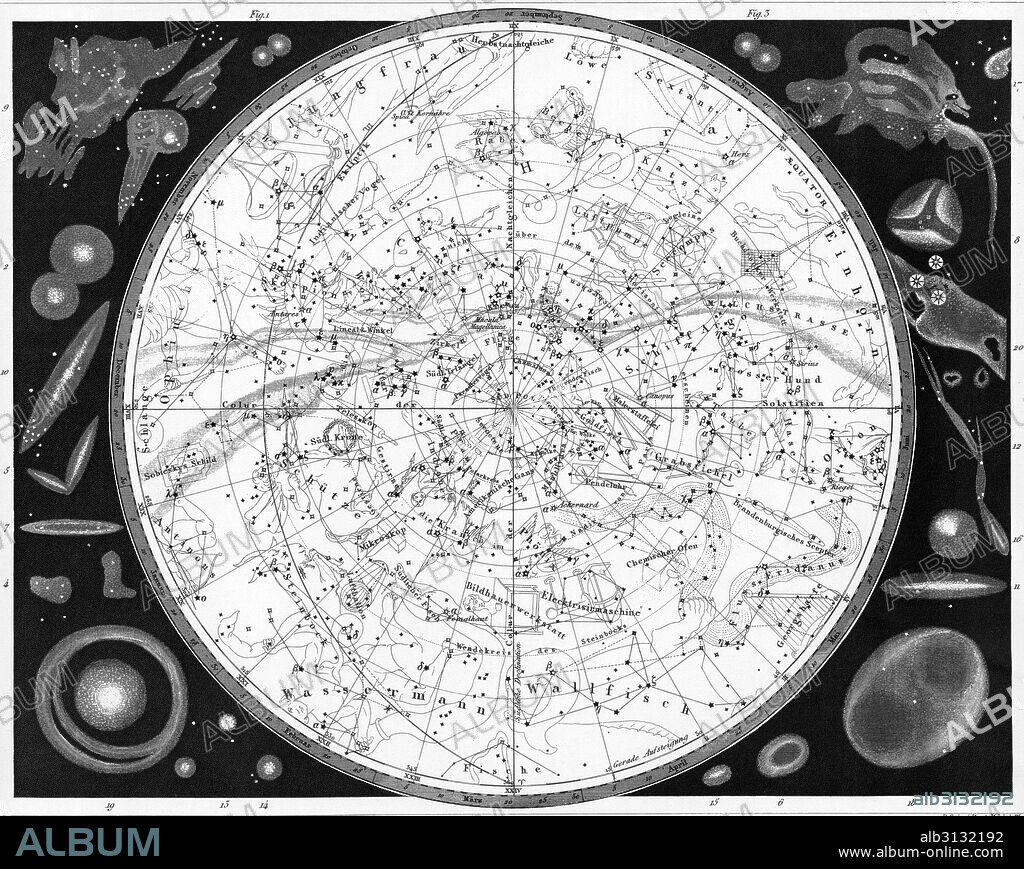 Leipzig, Germany:  c. 1850 A map of the southern heavens engraved by R. Schmidt et Mandel after Johann Georg Heck.