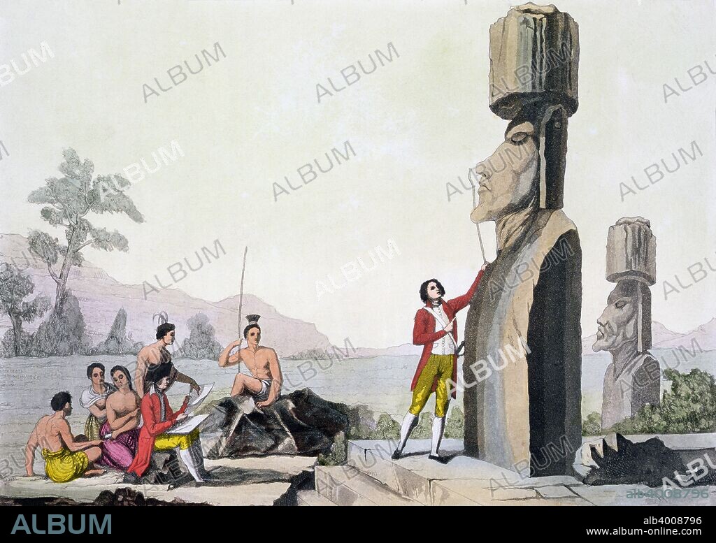 Statues on Easter Island, late 18th century. Known as Moai, these large stone statues in human form are carved from a type of volcanic rock known as tuff. The statues were carved at a quarry on the island between c1000 and 1600 and transported some distance to the sites where they were to stand. The cult of carving Moai seems to have been abandoned quite abruptly as many of the figures, both finished and unfinished, remain in the quarry. The population of Easter Island declined from the 14th or 15th century, possibly due to the environmental consequences of deforestation, which led to soil erosion and meant that the inhabitants no longer had the material to build fishing boats. War, disease and the consequences of contact with Europeans from the early 18th century accelerated the decline and today the islanders' ancient culture is forgotten and the significance of the mysterious Moai within it is uncertain. From an account of Captain James Cook's visit to the island in 1774.