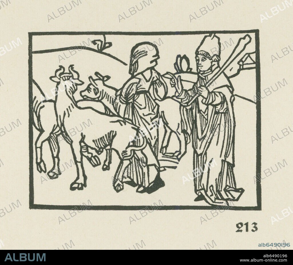 ALBRECHT DÜRER. The priest in his vestments driving out cattle and before him goes the handmaiden. Woodcut from "Die Geschicht des Pfarrers vom Kalenberg" by Philipp Frankfurter (ca.1486-ca.1511). Published by Peter Wagner, Nuremberg, 1489/90.