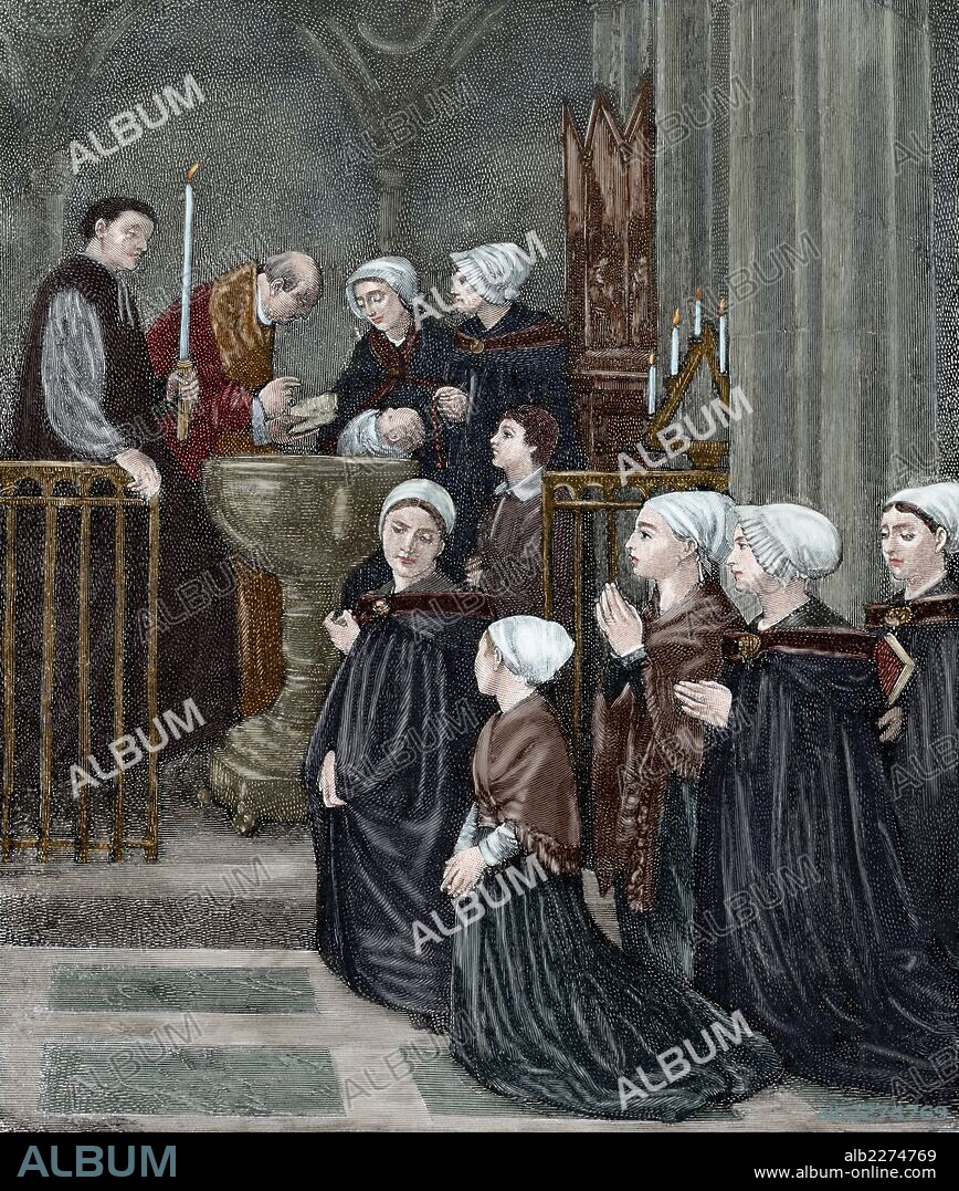 Alphonse Legros (1837-1911). French painter, engraver and sculptor. The Baptism. Engraving in The Iberian Illustration, 1885. Colored.