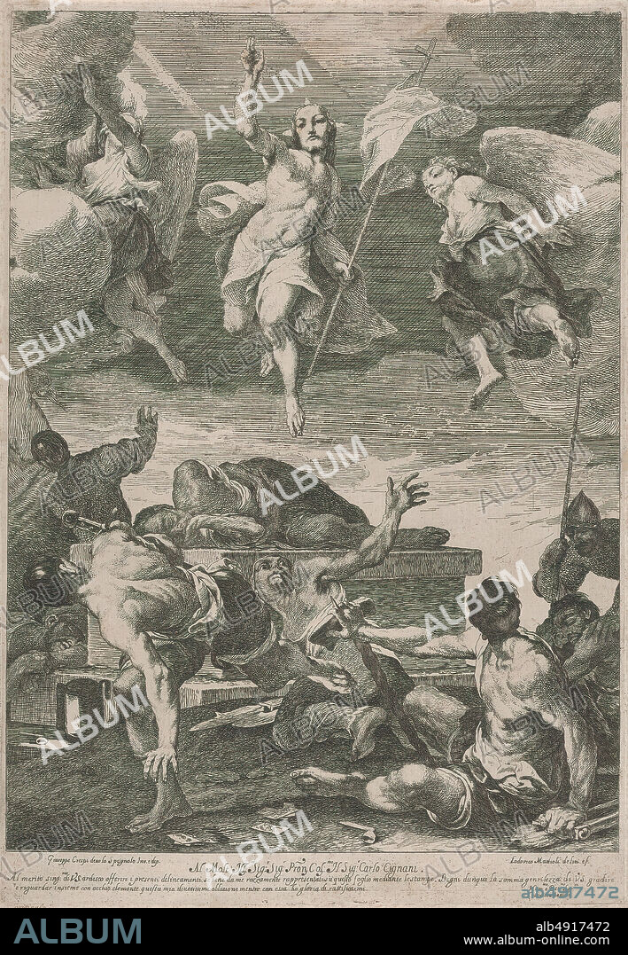 Lodovico Mattioli, The Resurrection of Christ, Lodovico Mattioli (Italian, Crevalcore 16621747 Bologna), After Giuseppe Maria Crespi (Italian, Bologna 16651747 Bologna), ca. 170040, Etching, Plate: 18 5/16 × 12 11/16 in. (46.5 × 32.3 cm), Sheet: 18 1/2 in. × 13 in. (47 × 33 cm), Prints.