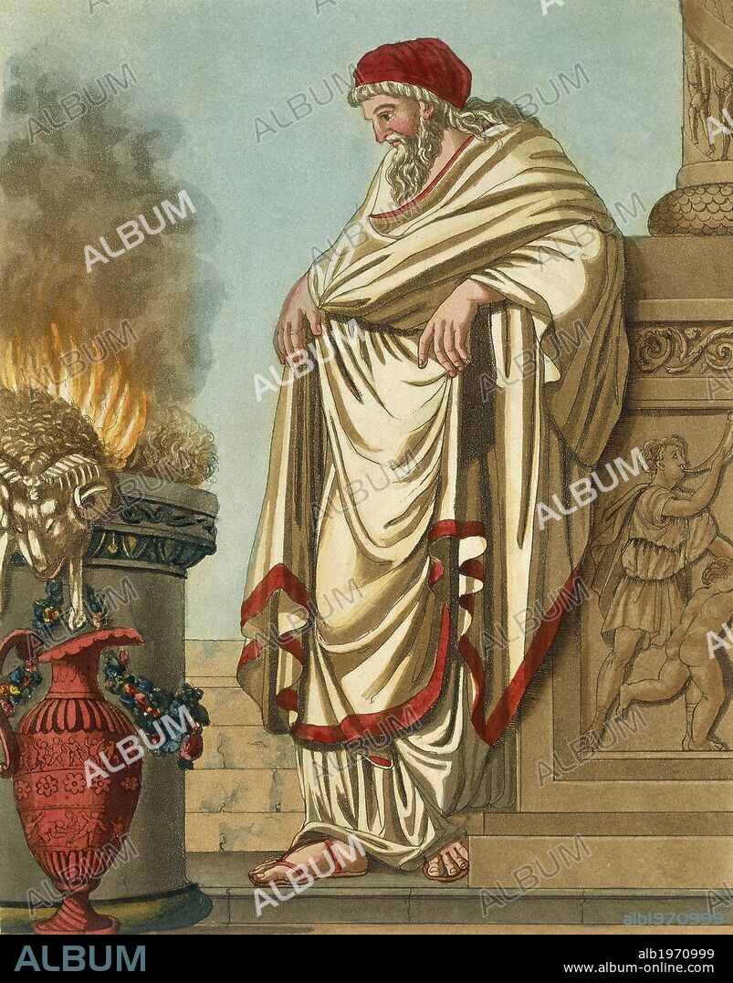 Grand Pontiff, by Jacques Grasset de Saint-Sauveur (1757-1810), engraving from Ancient Rome, or The historical and pictorial description of everything related to the Roman people, their military, customs, religious and public life, 1825.